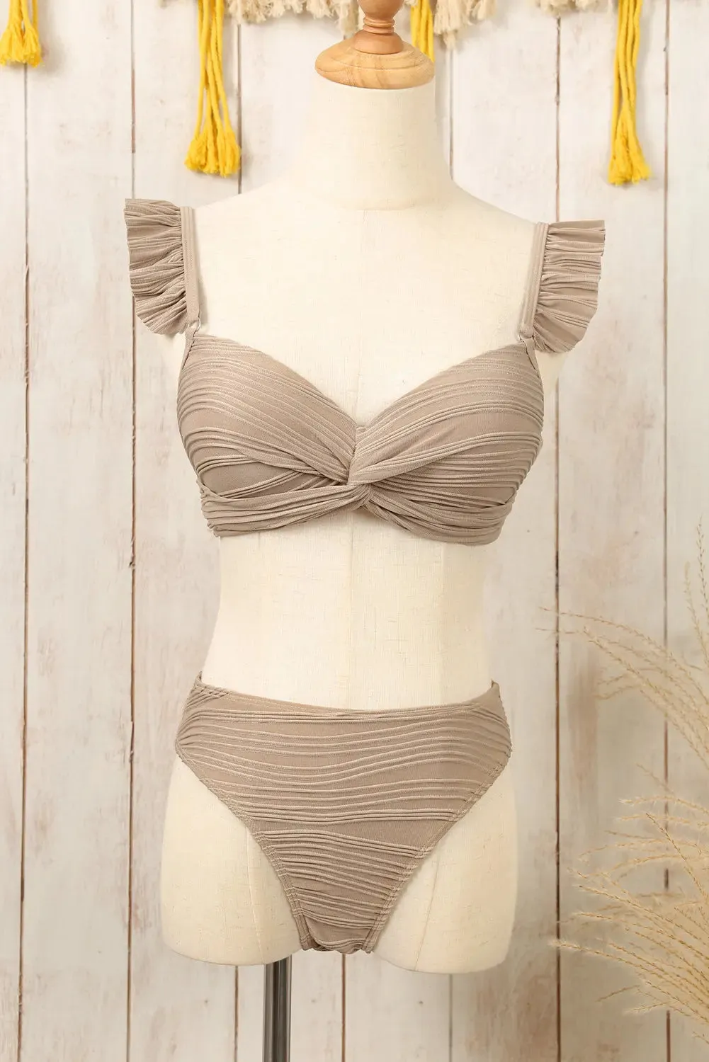 Blue Zone Planet |  Black Wavy Textured Ruffled Straps Twist Bikini Swimsuit