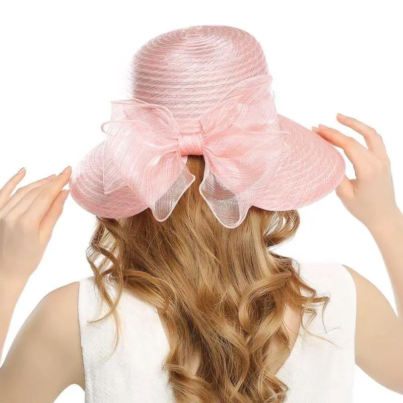 Elegant Big Bow Feather Flower Summer Khaki Color Yarn Church Fedoras Hats