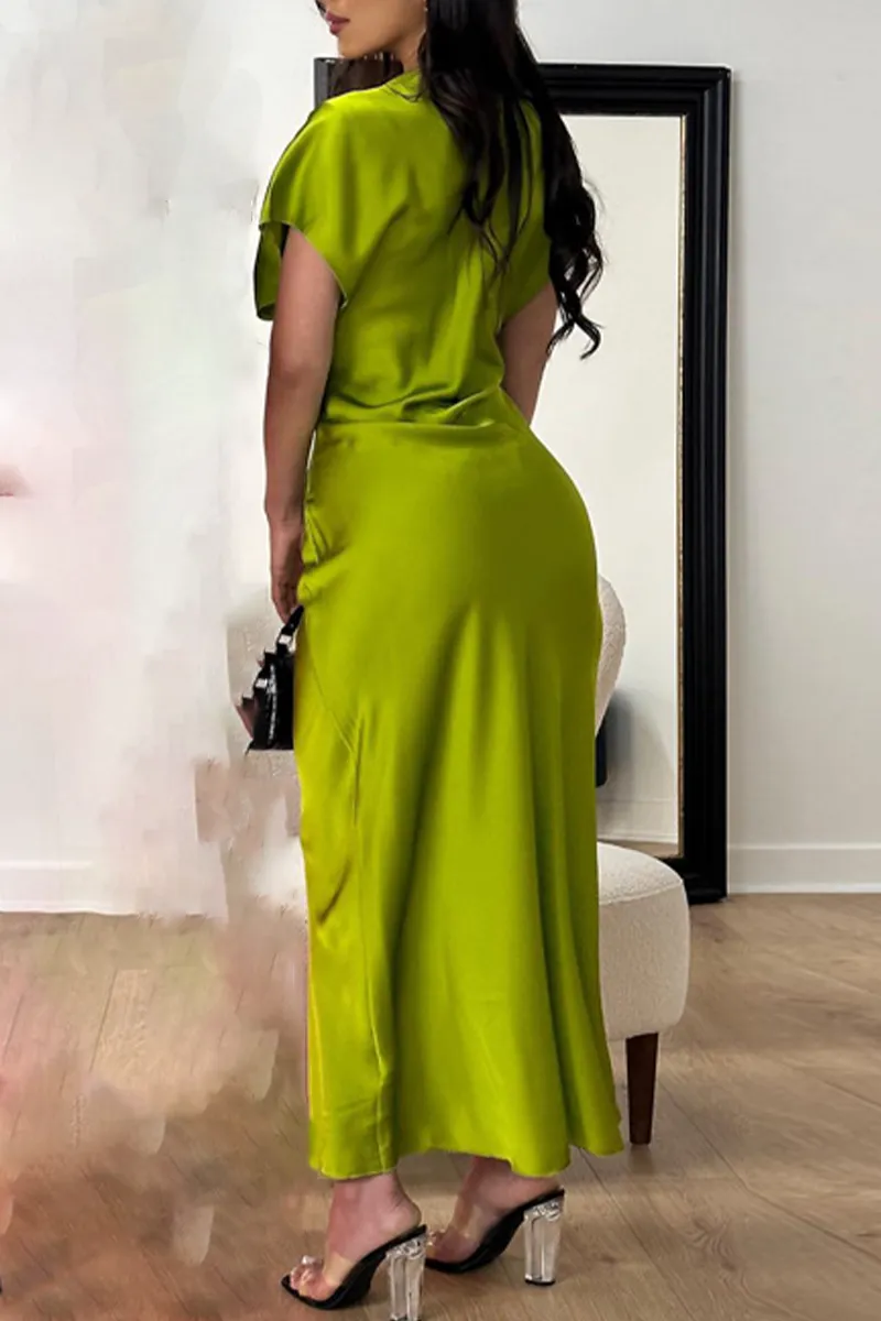 Elegant Solid Patchwork O Neck Short Sleeve Dress