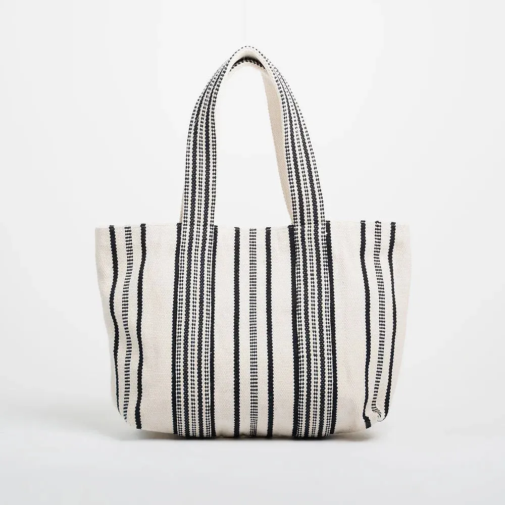 Ellyla Mahi Cotton Handloom Tote Bag - Ecru & Black