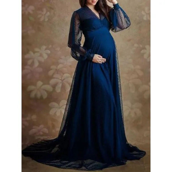Maternity Shoot Pure Color Fashion Elegant Blue Gown