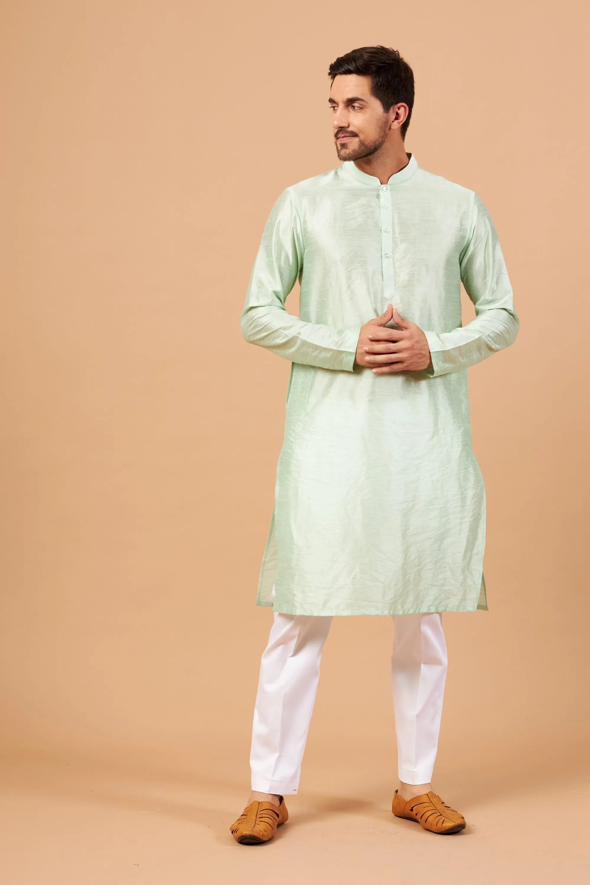 Men's Pastel Green Colorpalin Kurta Falling Raw Silk - Hilo Design