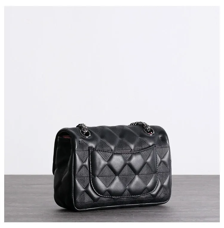 Womens Leather Diamond Mini Shoulder Bag Womens Black Diamond Chain Shoulder Purse Chain Purse for Ladies